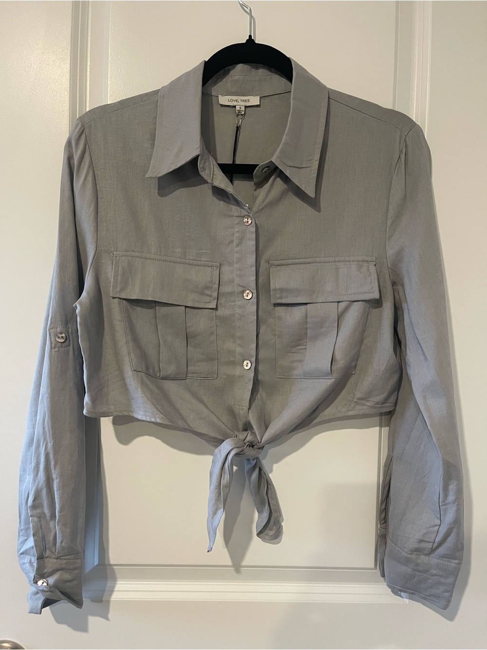 Love Tree Light Gray Tie-Front Cropped Button-Down Shirt